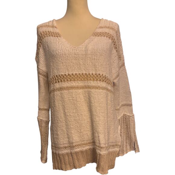 Elan Open Knit V-Neck Sweater, Beige Pullover, Women's Size Medium - Picture 1 of 5